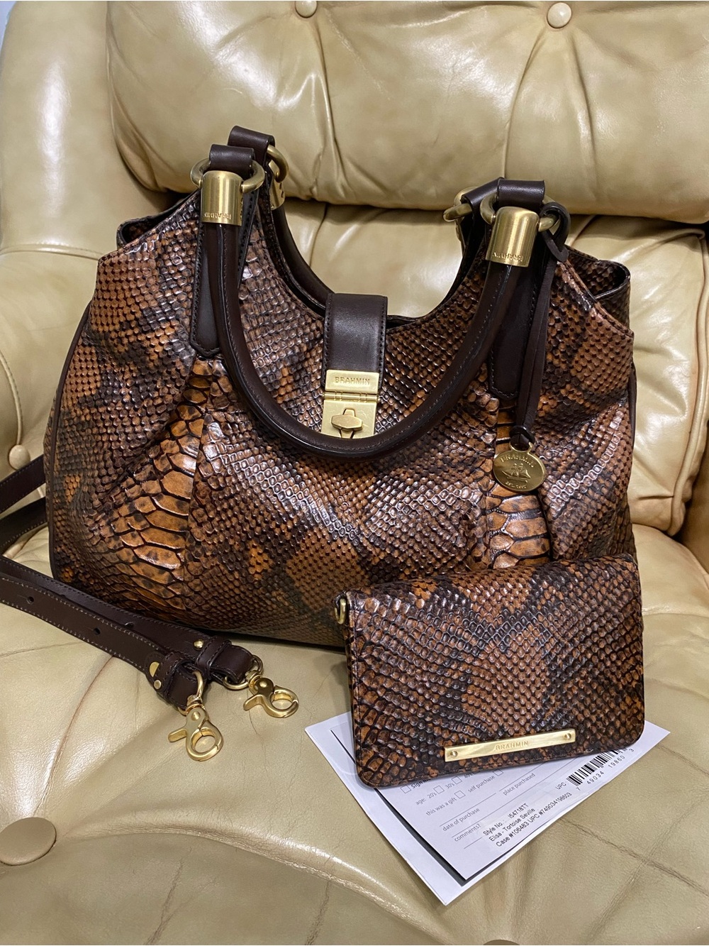 LKNW Brahmin Elisa Satchel & UEC Debi Wallet Tortoise Seville Leather Python